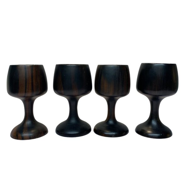 Vintage Set of 4 Dark Wooden Stemmed Wine Goblets Hand turned Mid-Century Modern - Picture 2 of 16